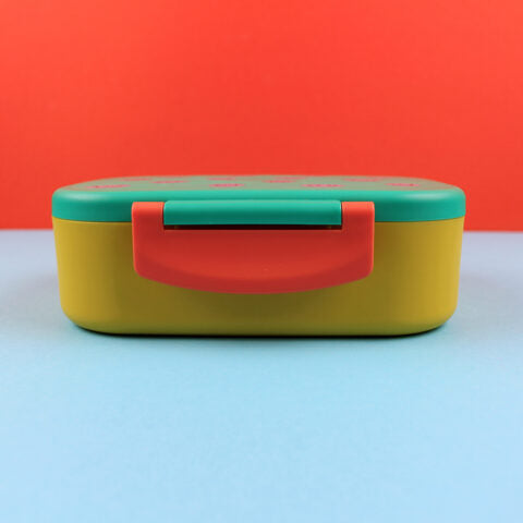 Brotdose/Lunchbox mit herausnehmbarem Einsatz – grün/ocker/hellblau im Geschenkkarton