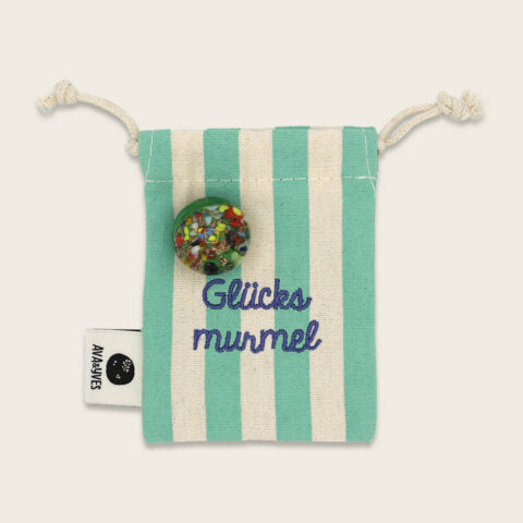 Glücksmurmel aus Muranoglas (mint mit Konfetti-Steinchen) 25mm, in hochwertigem Stoffbeutel mit Stickerei